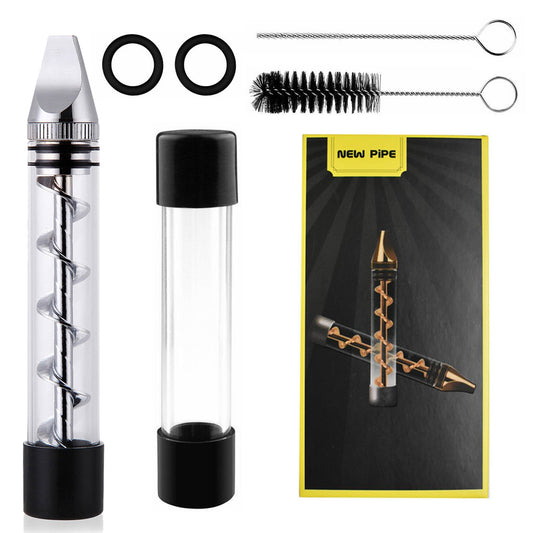 Glass Blunt Pipe Twisty 7-in-1 Grinder Blunt Kit w/ Smoking Metal Tip Cleaning Brush - Silver -