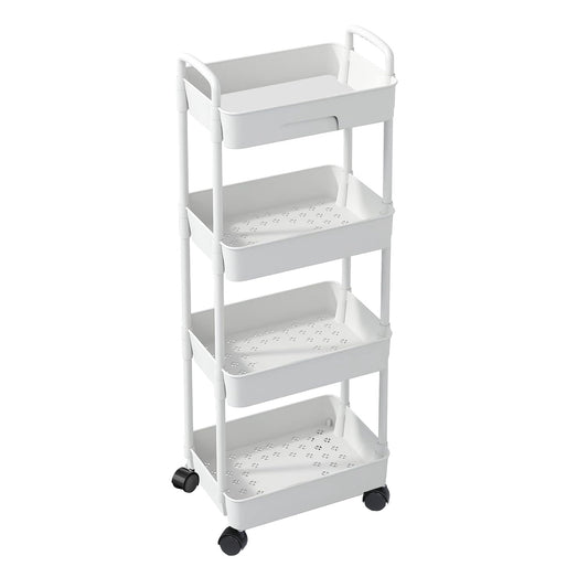 4 Tier Rolling Utility Cart Movable Storage Organizer with Drawer Lockable Wheels 360 Degree Rotatable Hallow Design for Bedroom Bathroom Kitchen - White - 4-Tier