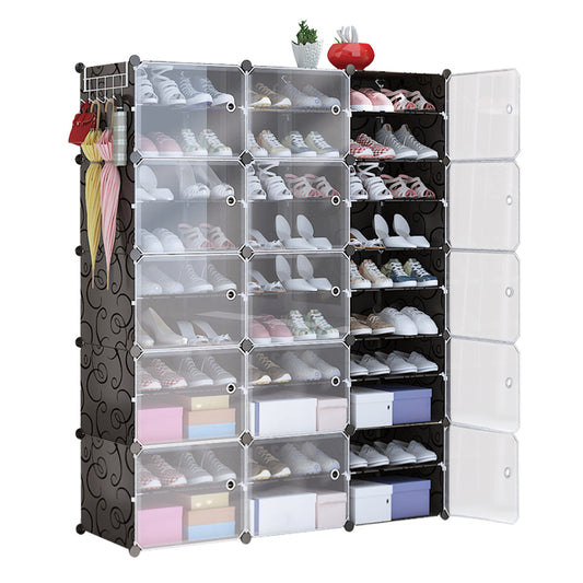 10-Tier 3-Row Shoe Rack Organizer Stackable Free Standing Shoe Storage Shelf Plastic Shoe Cabinet Tower with Transparent Doors for Heels Boots Slipper - Black -