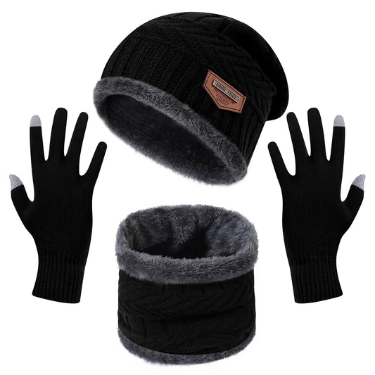 Winter Knitted Hat Scarf Gloves 3Pcs Winter Warm Beanie and Touch Screen Gloves Scarf Set Knit Beanie Skull Cap Neck Warmer Mittens for Men Women - Black -
