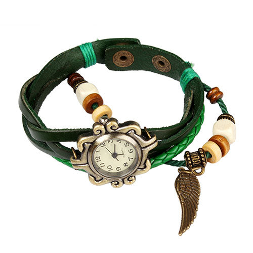 New! Beautiful Bohemian Style Retro Handmade Leather Angel Wing Women\'s Watches-green - Green -