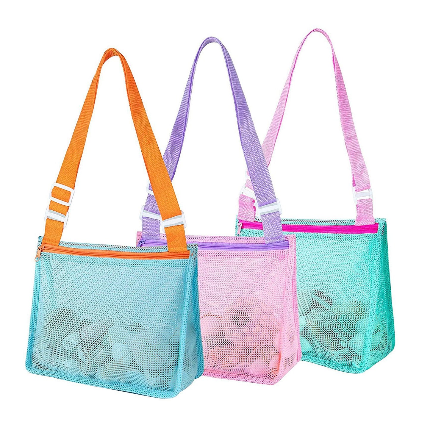 3Pcs Beach Mesh Bags Seashell Sand Toys Collecting Tote Bags with Adjustable Straps for Boys Girls - Multi -