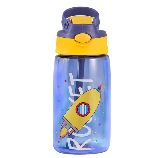 16.2Oz Leak-proof Kids Water Bottle with Straw Push Button Sport Water Bottle for Kids Crab Ship Jellyfish Rocket - Rocket -