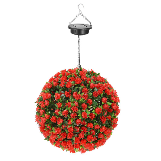 Solar Powered Topiary Ball 20 LED Lights Artificial Rose Flower Garden Hanging Light Ball IPX4 Water-Resistant Decorative Lighting for Home Garden Fen - Red -