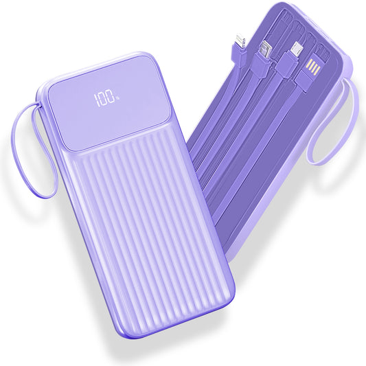 PD22.5W Fast Charger 20000mAh Fast Charging Power Bank Portable Charger with 4 Inbuilt Cables Digital Display Handle Fit For IOSPhone 15/14 Android An - Purple -