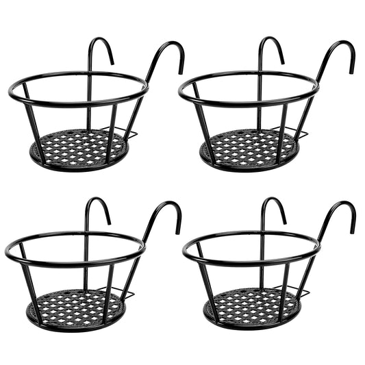 4Pcs Round Hanging Railing Planters Wrought Iron Flower Pot Holder Over The Rail Fence Plant Stand Basket 27LBS Load for Patio Balcony Porch Fence - Black -