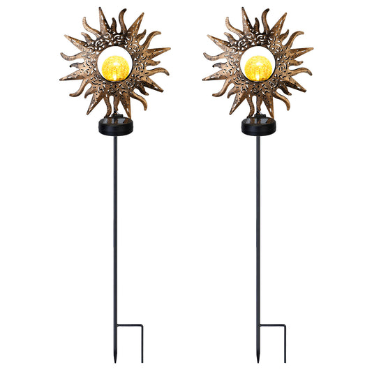 Solar Powered Sun Stake Lamp IP54 Waterproof Decorative Lamp Crackle Glass Globe Stake Lights For Garden Lawn Yard Driveway - Black -