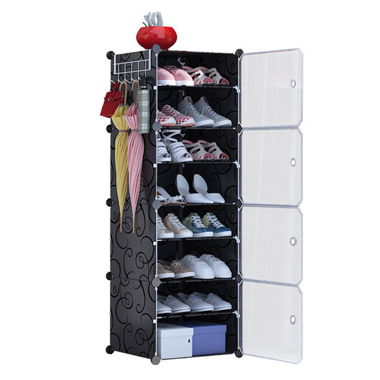 8-Tier Shoe Rack Organizer Stackable Free Standing Shoe Storage Shelf Plastic Shoe Cabinet Tower with Transparent Doors for Heels Boots Slippers Entry - Black -