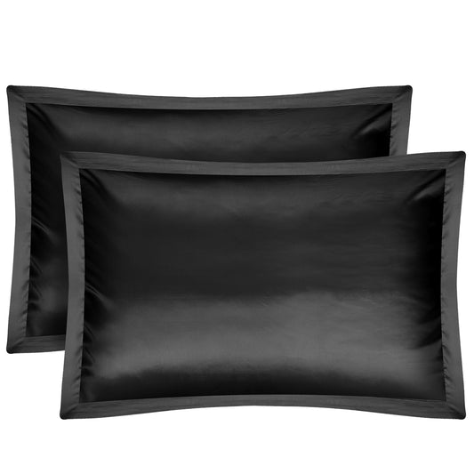 2 Pack Soft Silky Satin Pillow Case Hypoallergenic Breathable Bed Pillow Cover Queen Size Pillowcase Great for Hair Skin - Black -