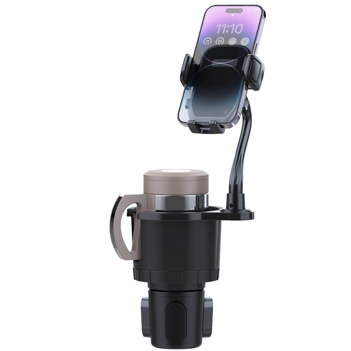 2 In 1 Car Cup Phone Holder Automotive Drink Holder with 360° Rotating Gooseneck Phone Mount Adjustable Base Fit for Most Phones Cups Vehicles - Black -