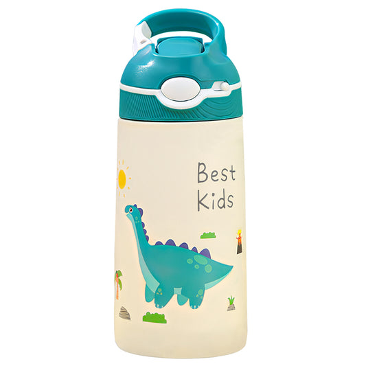 13.5Oz Insulated Stainless Steel Water Bottle Leak-proof Bottle for Kids with Straw Push Button Lock Switch Thermos Cup for Toddlers Boys Girls - Dinosaur -