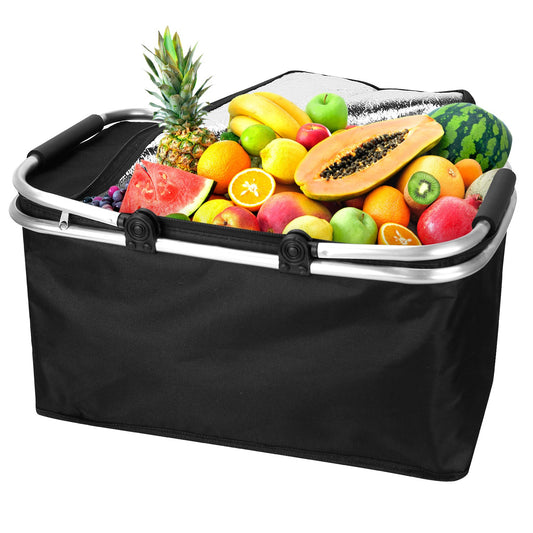 30L Insulated Picnic Basket Cooler Collapsible Food Delivery Storage Bag Grocery Market Basket Heat & Cool Insulation w/ Aluminum Handles - Black -