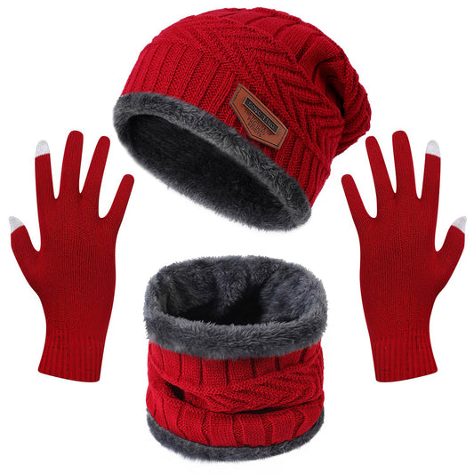 Winter Knitted Hat Scarf Gloves 3Pcs Winter Warm Beanie and Touch Screen Gloves Scarf Set Knit Beanie Skull Cap Neck Warmer Mittens for Men Women - Red -