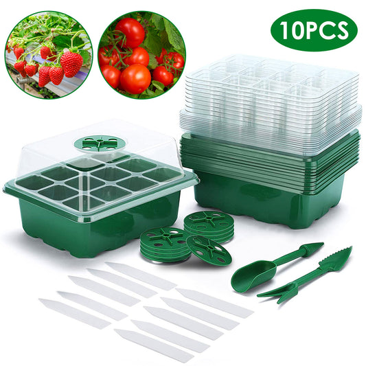 10Pcs Seed Starter Tray Kit Reusable Overall 120Cells Seeding Propagator Station Greenhouse Growing Germination Tray with Humidity Dome Label 2Pcs Gar - Green -