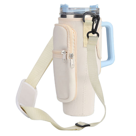 Water Bottle Carrier Bag Neoprene Water Cup Pouch Water Bottle Holder with Adjustable Strap Phone Pocket for Walking Travel Camping - Beige -